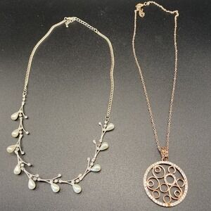 Unsigned Faux Pearl Rhinestone Necklace Set Vintage Gold Silver Tone 2pc